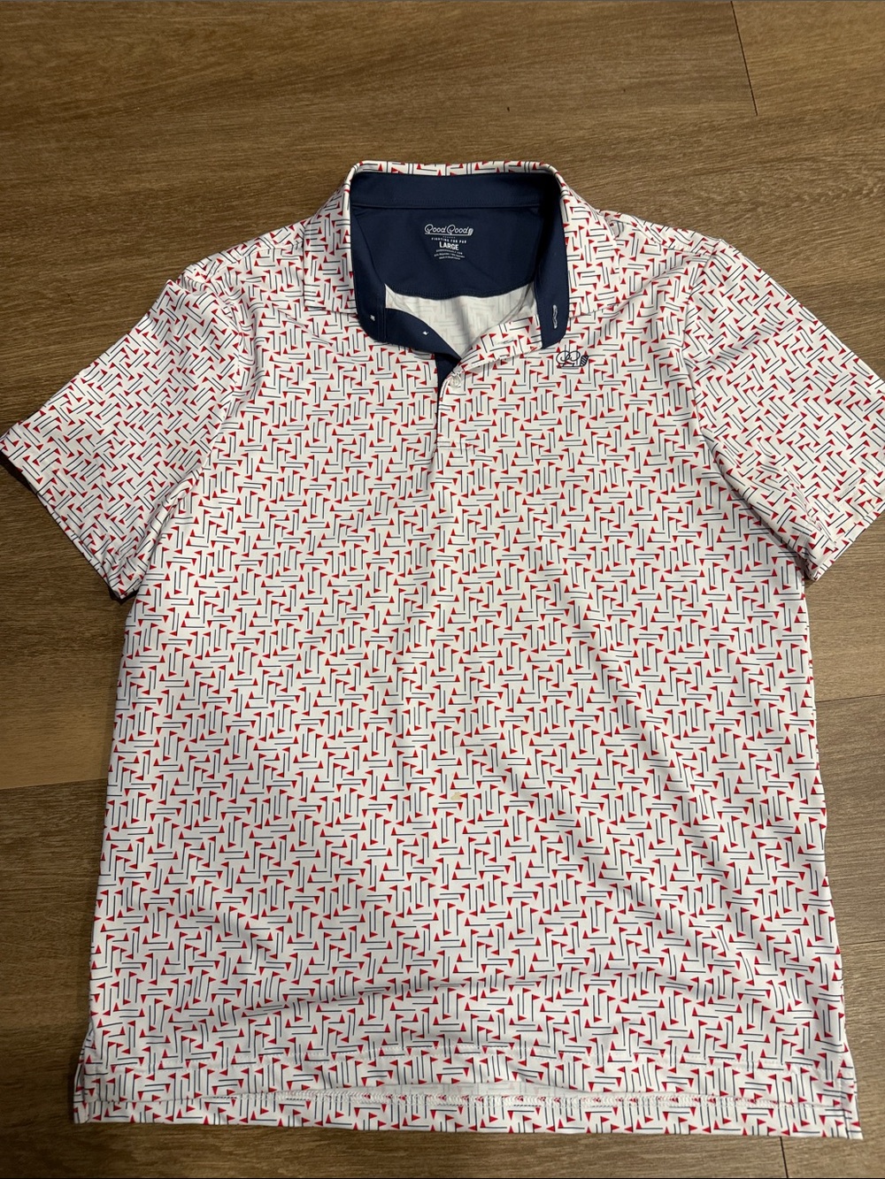 Men's White Polo with Red Geometric Print and Navy Contrast Collar